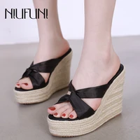 niufuni silk open toe rattan weave platform wedges women sandals 2021 cross straps casual hollow outdoor slides shoes high heels