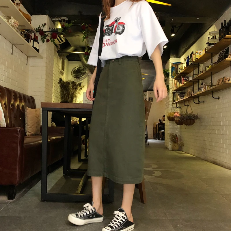 

Long Skirt Women Casual High Waist Denim Skirts Korean Vintage Jupe Longue 2020 New Style Green Skirt