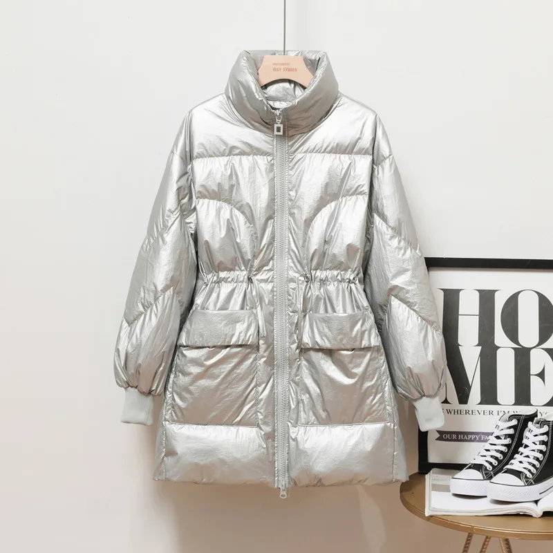 

Vogue Glossy Women Parkas Autumn Winter Slim Long Down Jacket Stand collar Warm Coat Adjustable waist Female Casual Jackets