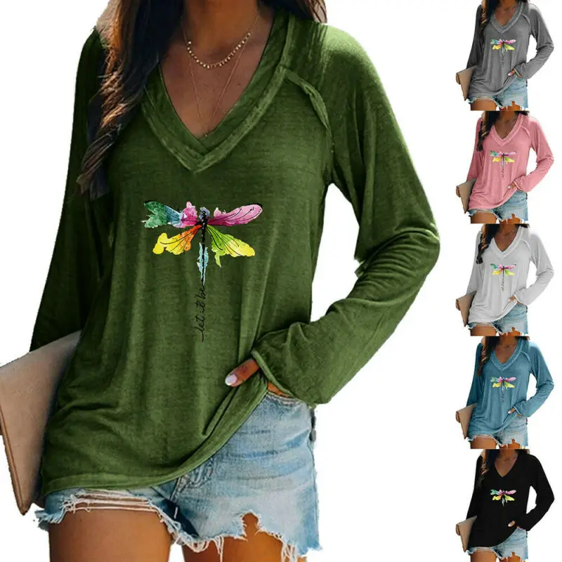 

Casual Fashion Women V-Neck Long Sleeve Printed T- Shirt Loose Casual Tee Tops 2021 Female Clothing #F4