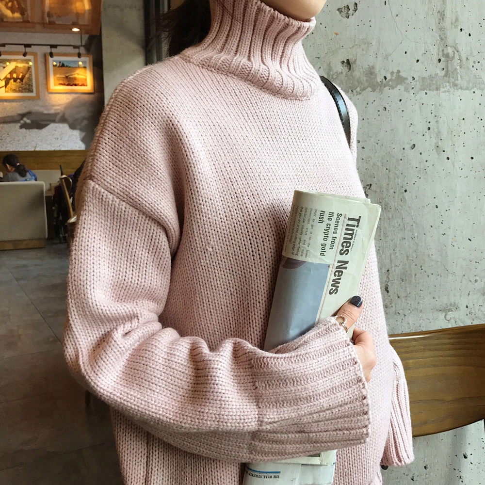 2019 Ins Зима Новый женский шикарный однотонный пуловер свитер водолазка длинный