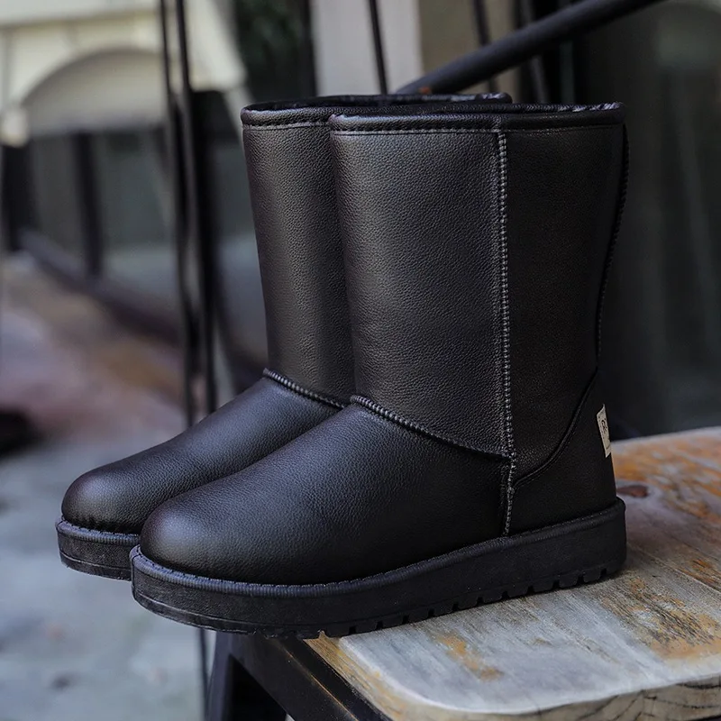 

Зимние кожаные ботинки средней длины женские теплые и бархатные водонепроницаемые короткие ботинки Корейская версия дикой хлопчатобумажн...