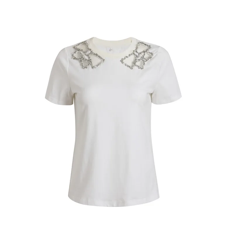 

Fashion Suit Beading Luxury Design O-Neck White T-Shirt High Waist Beading A-Line Mini Skirt Female Summer Elegant Brand Clothes