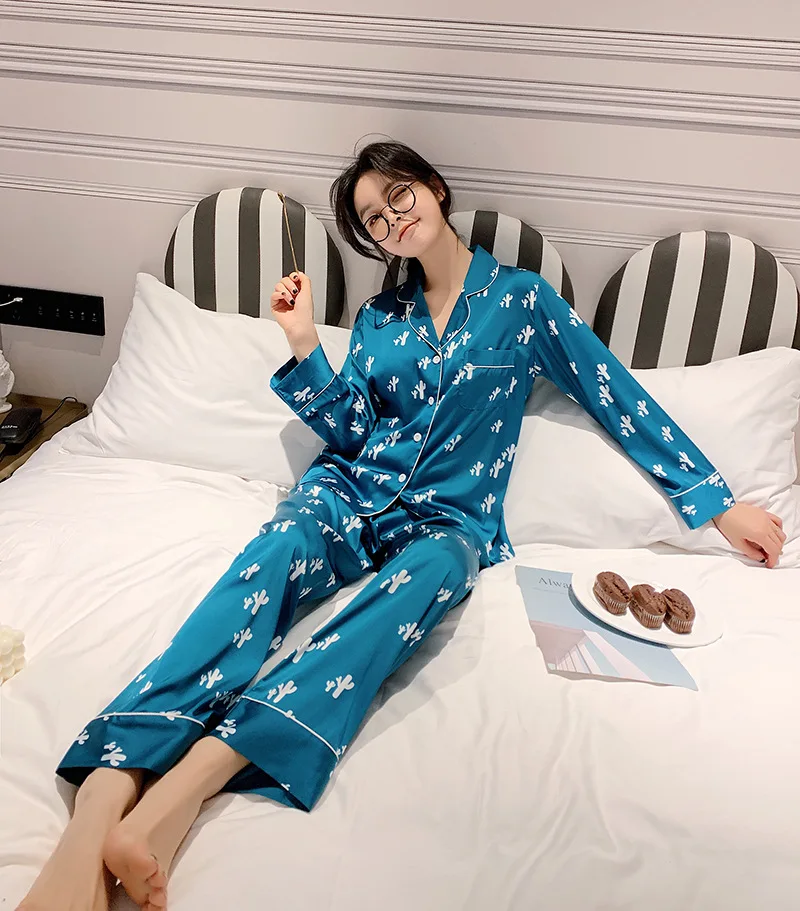 Женская синяя атласная пижама Повседневная рубашка с отложным воротником и