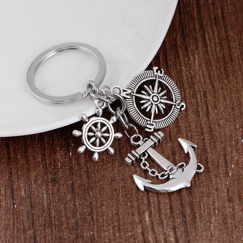 

24 Pcs/Lot Keychain Trinket Retro Compass Anchor Key Chain Rudder Key Ring Vintage metal Anchor Souvenirs Bulk Wholesale