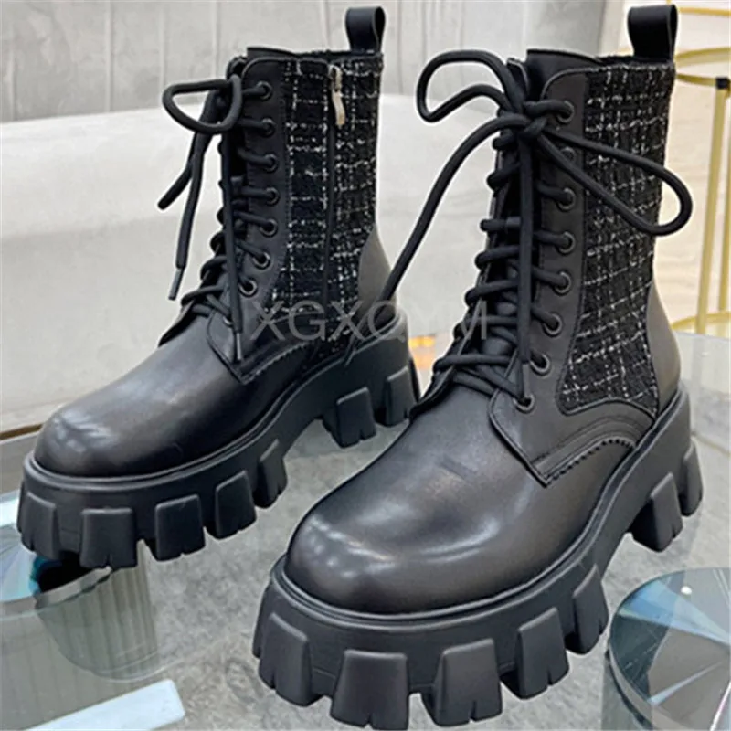 spesifikasi Sepatu Bot Martin Platform Musim Gugur Musim Dingin Desainer Mewah Sepatu Bot Pergelangan Kaki Hitam Berenda Wanita Sepatu Bot Pendek Antiselip Kulit Asli Wanita