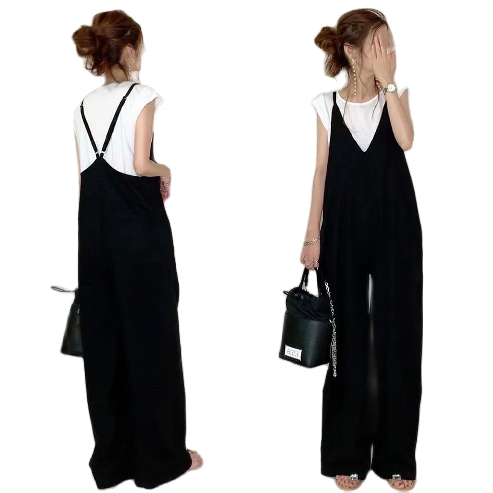 Женский комбинезон на бретелях спагетти Черный Повседневный Длинный с высокой