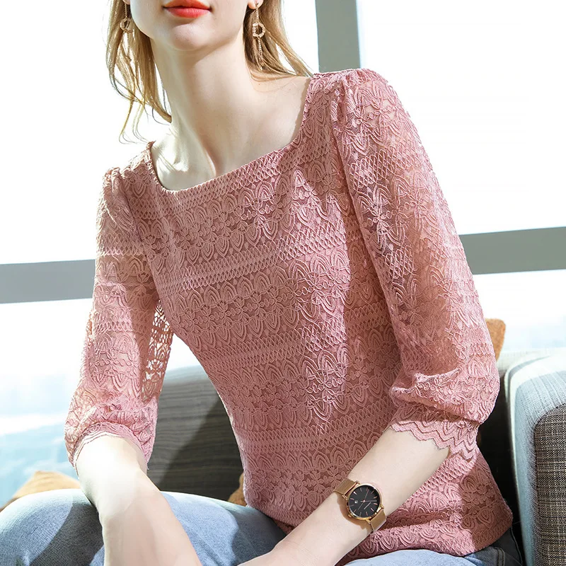 

Lace base shirt spring women's wear 2021 new style with foreign style small shirt French hollow out solid color square collar