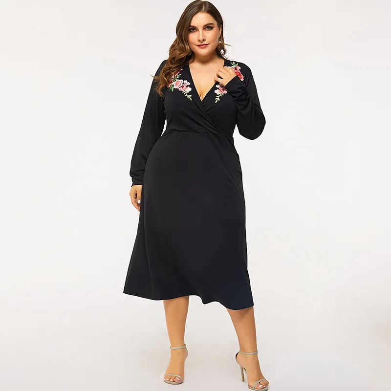 

Bodycon Dress Black Evening Dresses for Women Large Size Elegant Woman Dress Full Long Sleeve Dress V-neck Embroidery Spring