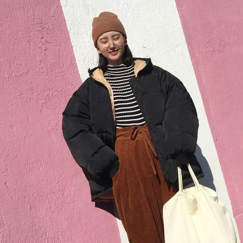 Корейский стиль теплая зимняя куртка для женщин с капюшоном однотонный черный
