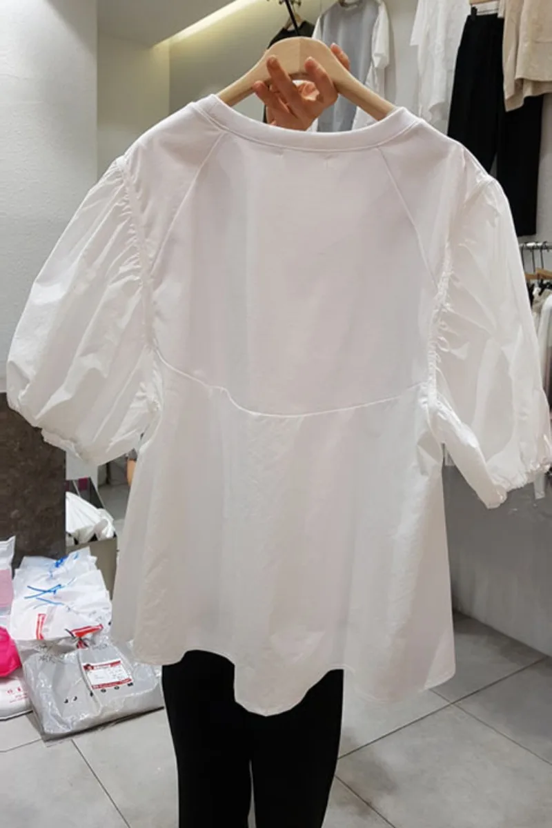 

2021 Summer New Loose Puff Sleeves O Neck White Solid T-shirt Women's Casual Top