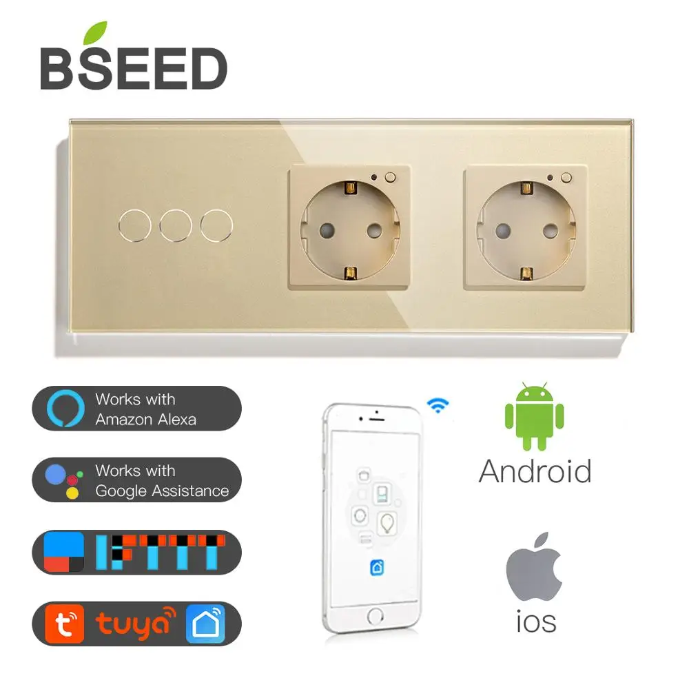 Wi-Fi-переключатель BSEED 3 Gang двойная розетка Wi-Fi европейского стандарта с Белой и
