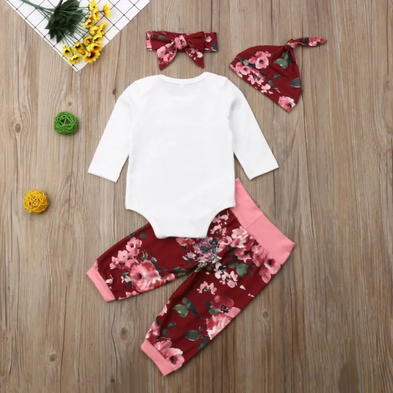 2019 Baby Spring Autumn Clothing Newborn Infant Girl Floral Outfits Clothes Long Sleeve Romper+Pants+Headband+Hat 4Pcs Set | Мать и