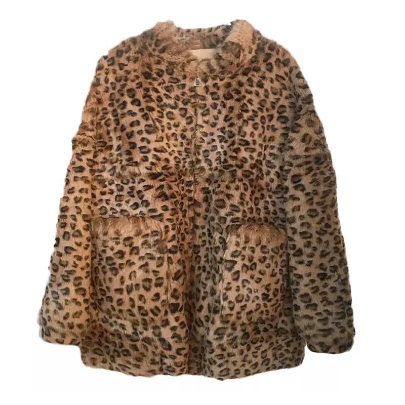 

rf1945 Real Fur Jacket Leopard Printed Fashion Women's Natural Fur Coats Long Sleeve Natural Fur Jacket