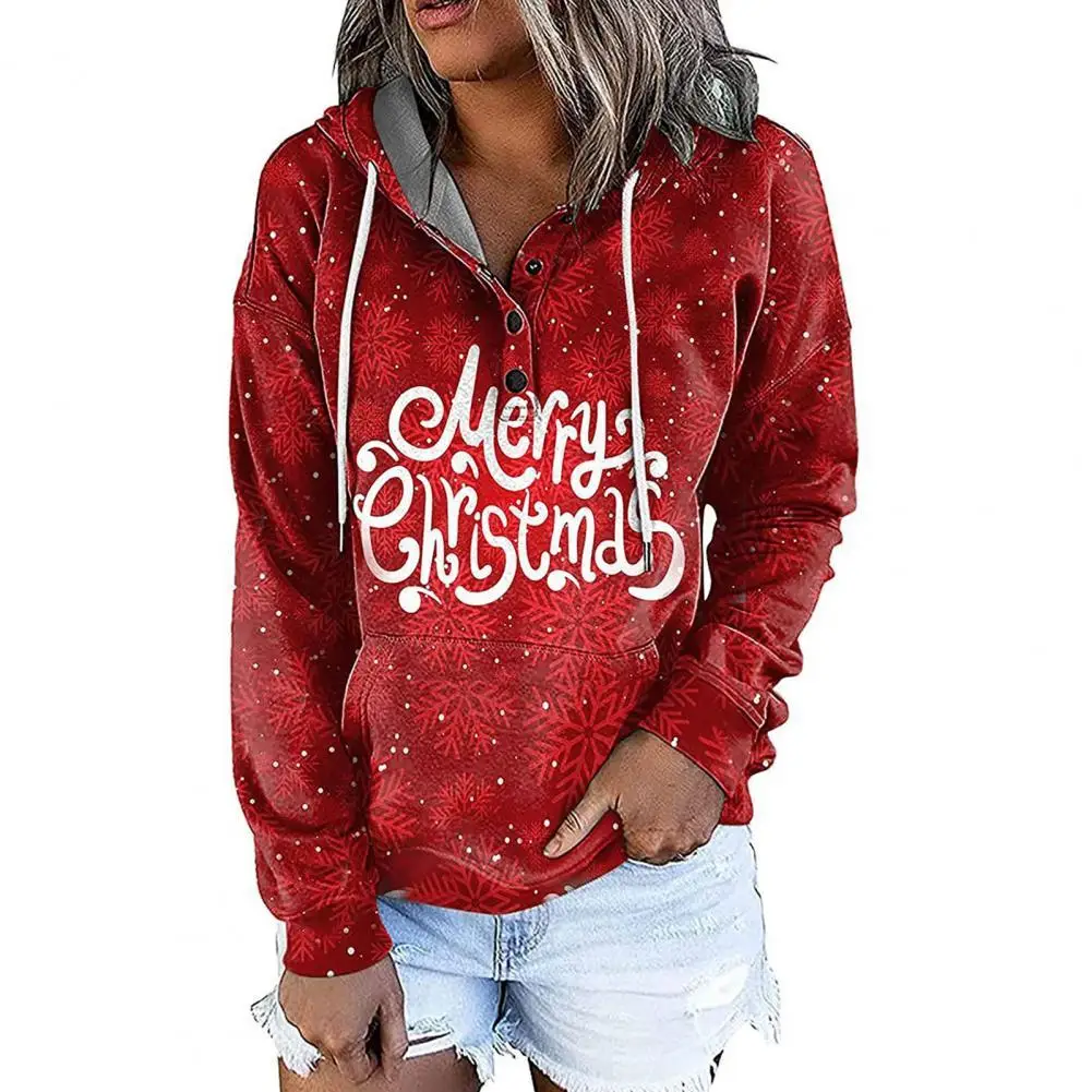 

Hooded Women Long Sleeve Drawstring Pullover Sweatshirt Santa Claus Print Buttons Neck Women Hoodie Festival Clothing