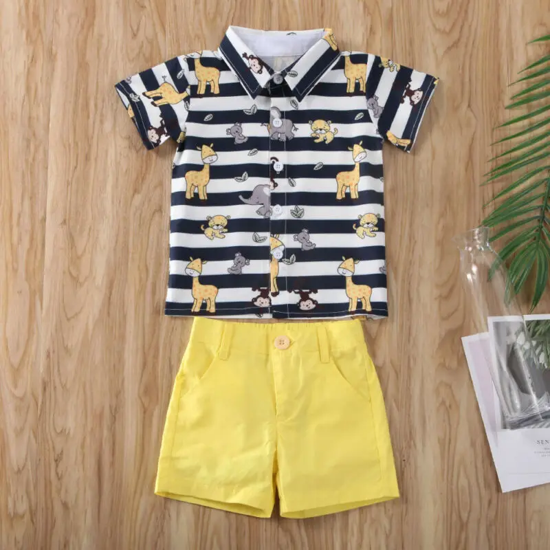 2PCS Kid Baby Boy Animal Print Tops Short Sleeve T shirt+Solid Pants Set Summer Gentleman Clothes |