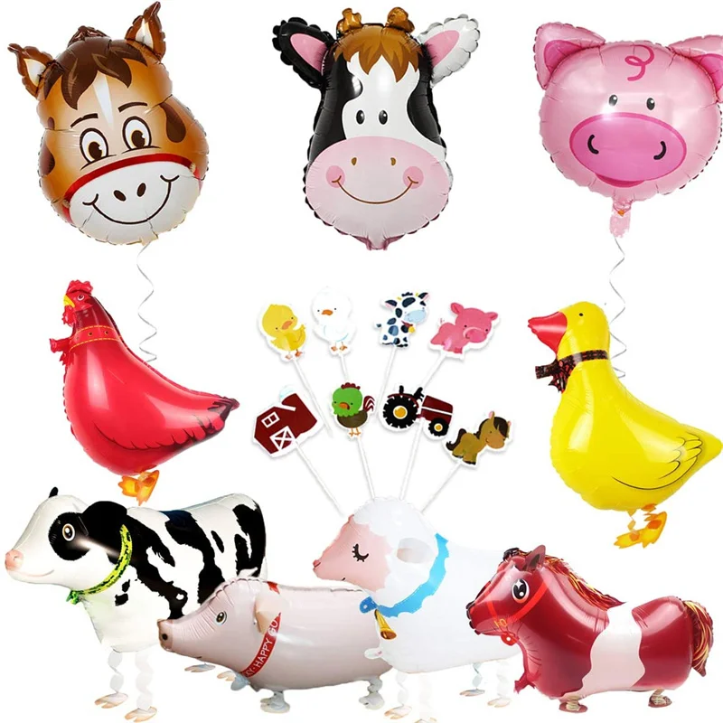 

Farm Animal birthday Party Decorations Barnyard Foil Balloons and Cupcake Topper(Duck Chicken Cow Sheep Pig Donkey)
