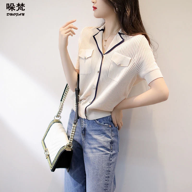 

DUOFAN Women V-Neck Knitted Casual Shirts Short Sleeve Sweaters Cardigans Lady Soft Thin Summer Simple Cardigan Outwear Female