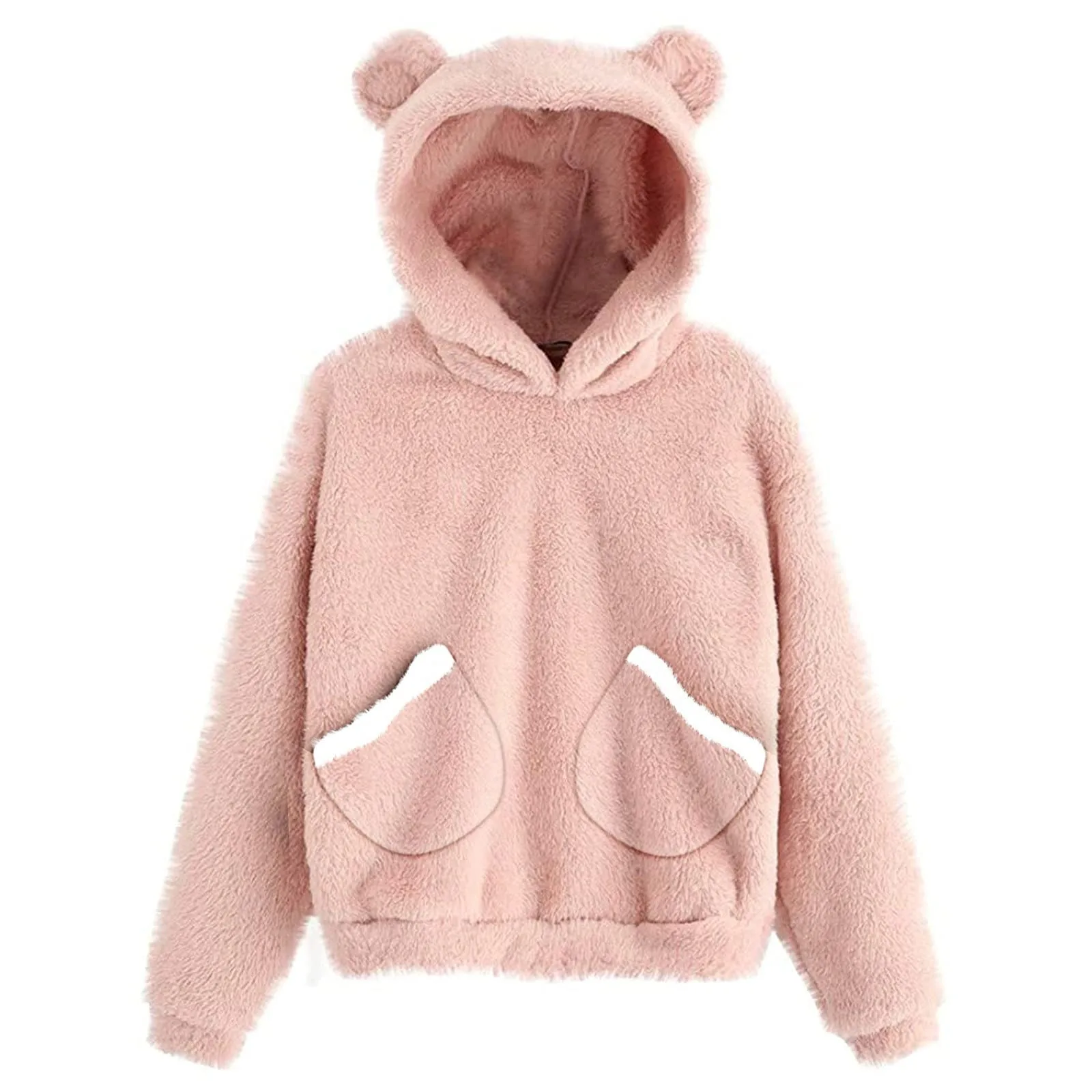 

Women Fleece Hoodies Kawaii Bear Sweetshirt Cute Round Ears Cap Solid Color Winter Warm Pullovers Harajuku Plush Sweatshirts