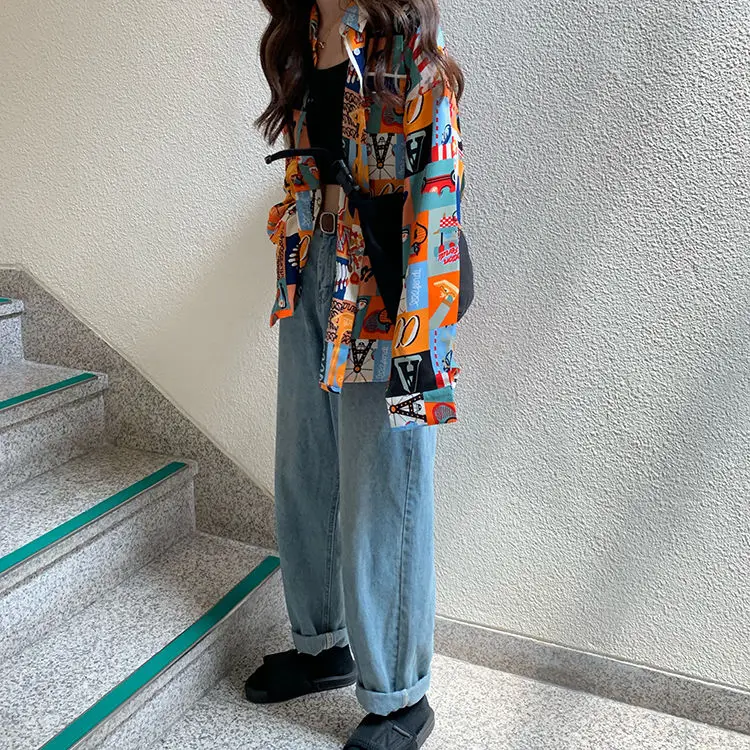 

Korean Girl Print Loose POLO Collar Mid-length Patchwork Long-sleeved Loose Women's Shirt Shirt Button Shirt 2021 Autumn Women
