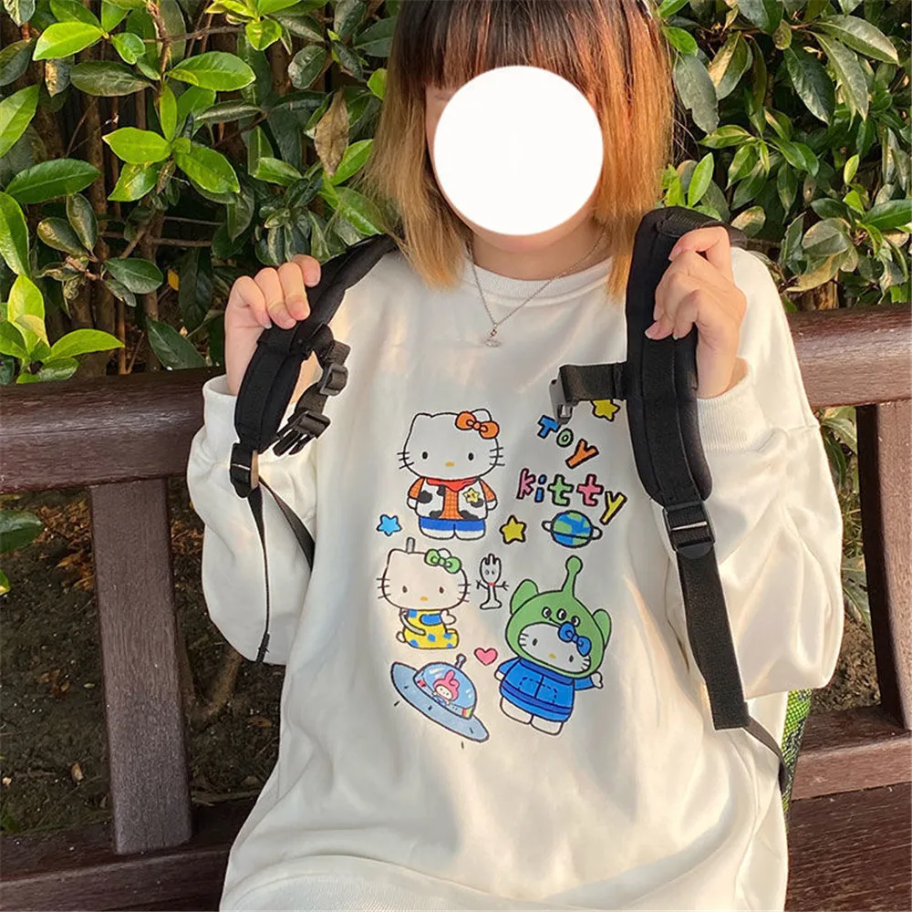 

O-Neck Cat Print Hoodie Sweatshirt Kawaii Oversize Loose Long Sleeve Girl Gothic Loose Pullover High Street Hoodie Streetwear