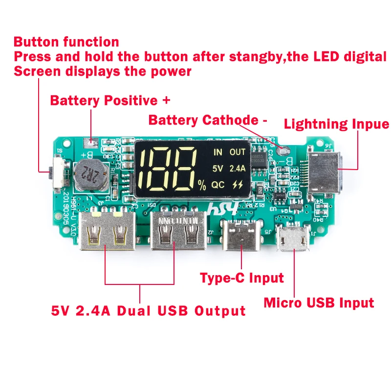 Светодиодный двойной USB 5V 2.4A Micro/Type-C/Lightning внешний аккумулятор 18650 зарядное