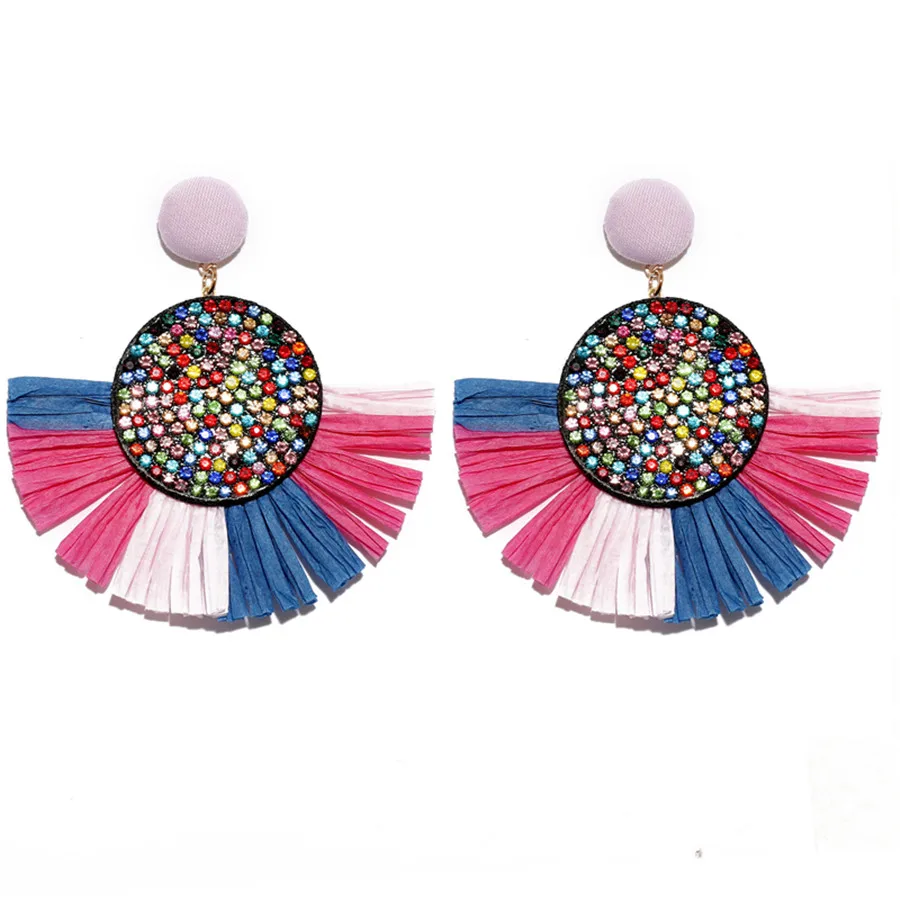 style 2 colorful 3 Новые модные секторные стразы серьги с бахромой для женщин Bohemia Lafite Raffia висячие серьги массивные ювелирные изделия - Окраска металла: style 2 colorful 3