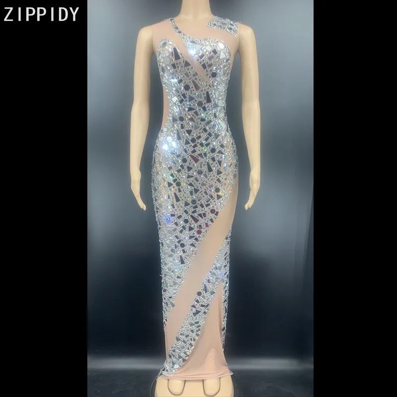 

Блестящее серебряное зеркало стразы на сетчатой основе длинное платье для дня рождения вечерние платья для женщин