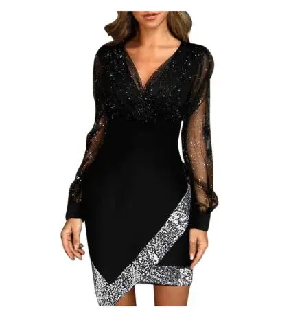 

European and American autumn new women's V-neck large size fashion Vestidos mesh long-sleeved stitching glitter party wome Dress