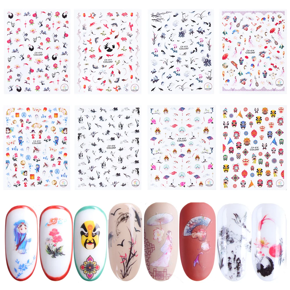 1 шт. переводная 3d наклейка для ногтей фольга Китайская опера чернила цветок рыба
