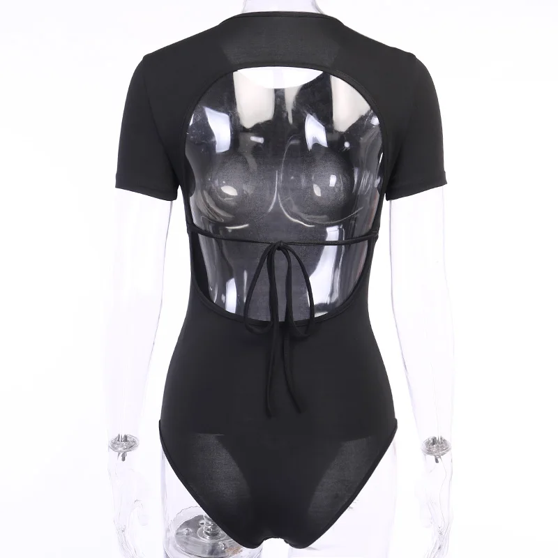 

Women Summer Black Sexy Backless Bodysuit Hollow Out Short Sleeve Slim Elastic Ladies Playsuit Lace Up Rompers Clubwear