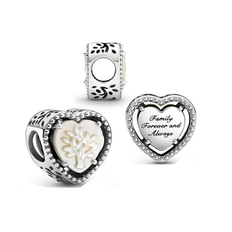 

2021 Classic Style 925 Sterling Silver Beads Openwork Heart & Family Tree Charms Fit Original Pandora Bracelet Women DIY Jewelry