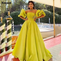 eeqasn lemon yellow satin evening dresses removable short puffy sleeves pleats prom formal gowns plus size women party dress