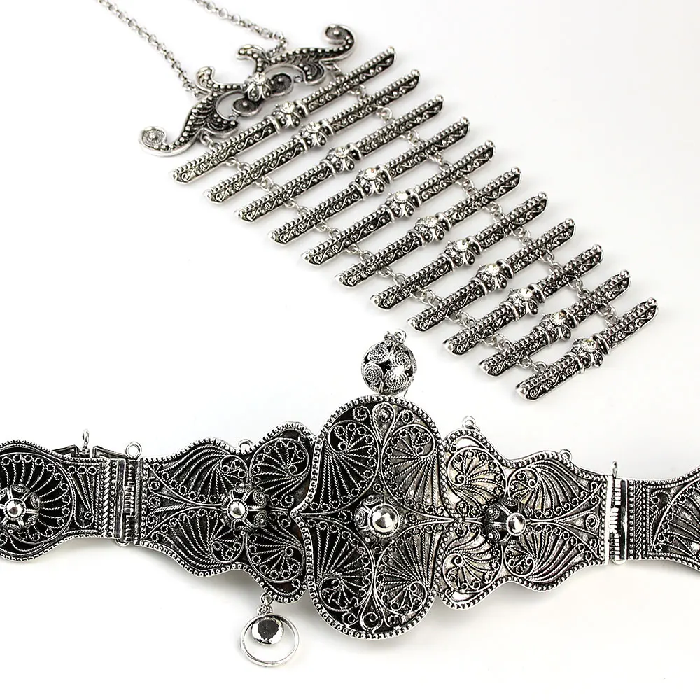 

Sunspicems Unique Turks Caucasus Belt Breastplate Sets for Women Wedding Jewelry Dress Retro Gold Silver Color Metal Sash Chain