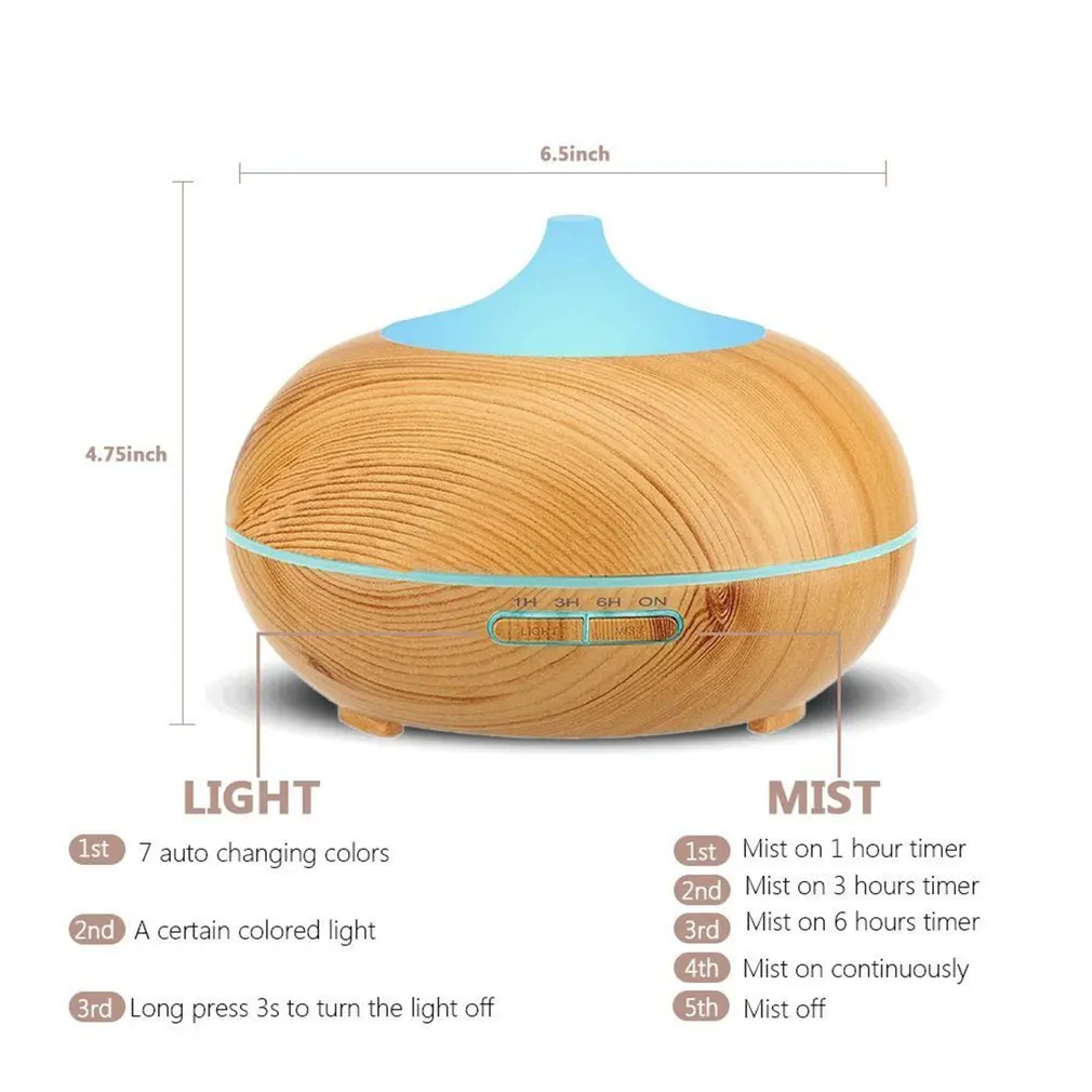 

550ml Remote Control Ultrasonic Air Humidifier Aroma Essential Oil Diffuser with Wood Grain 7 Color Changing LED Lights