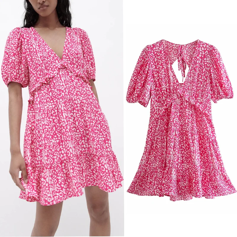 

Женское винтажное леопардовое платье Za, розовое короткое платье с открытой спиной и коротким пышным рукавом, летние платья с оборками, 2021