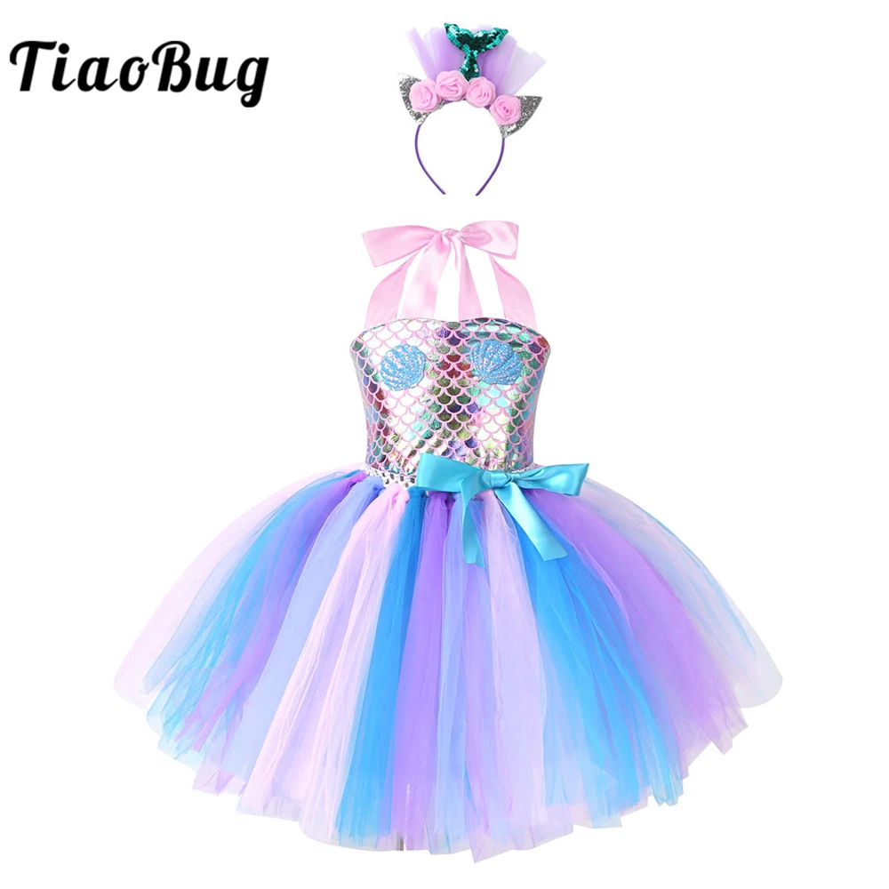 Детское блестящее Сетчатое платье с лямкой на шее и обручем для волос Вечерние