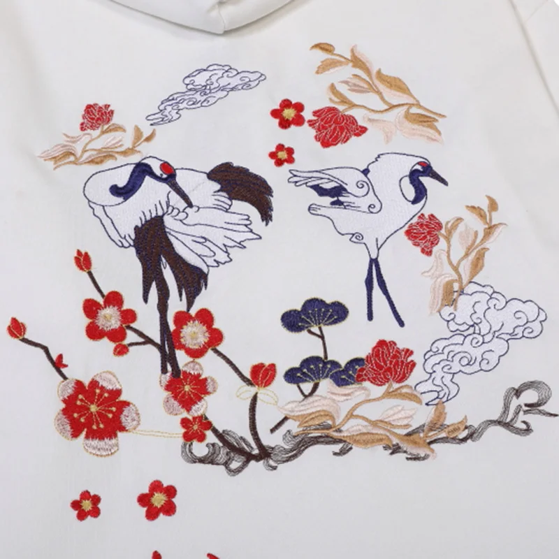 

2020 Autumn Mens Hip Hop Streetwear Hoodie Sweatshirt Embroidery Crane Plum Blossom Lucky Cloud Hooded Pullover Cotton Clothing