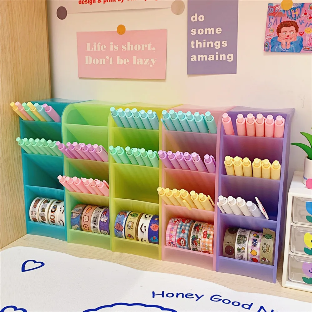 MINKYS New Kawaii Macaroon Color 4 Gird Desktop Organizer Pen Holder Big Size Desk Makeups Pencil Storage Box School Stationery |
