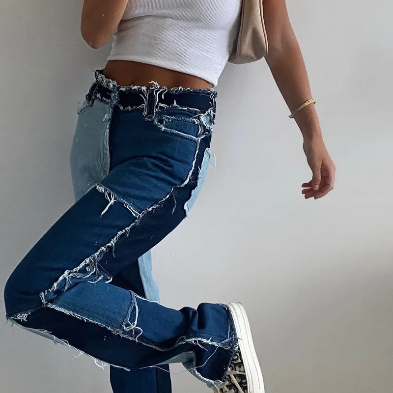 2021 Brown Straight Jeans For Girls Female Fashion Patched Women Vintage Denim Pants New High Waisted Trouser Harajuku Capris