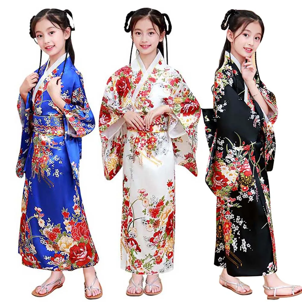 

Kids Girl Japanese Geisha Costume Deluxe Blossom Kimono Yukata Robe with Obi Belt Party Performance Wear Halloween Fancy Dress