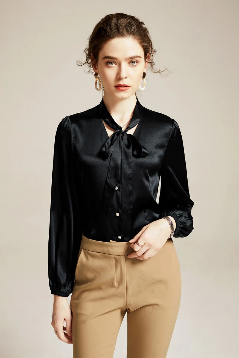 100% Шелковая женская рубашка с поясом и бантом на воротнике длинными рукавами