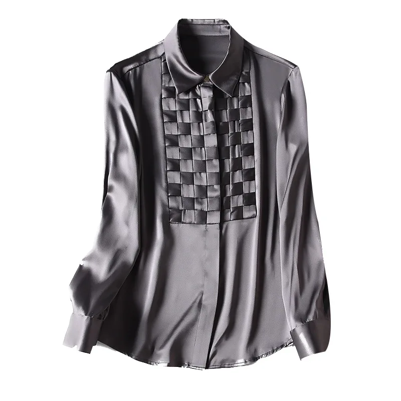 

Spring 2021 new solid color single row multi-button silk lapel long-sleeved temperament commuter mulberry silk women's shirt