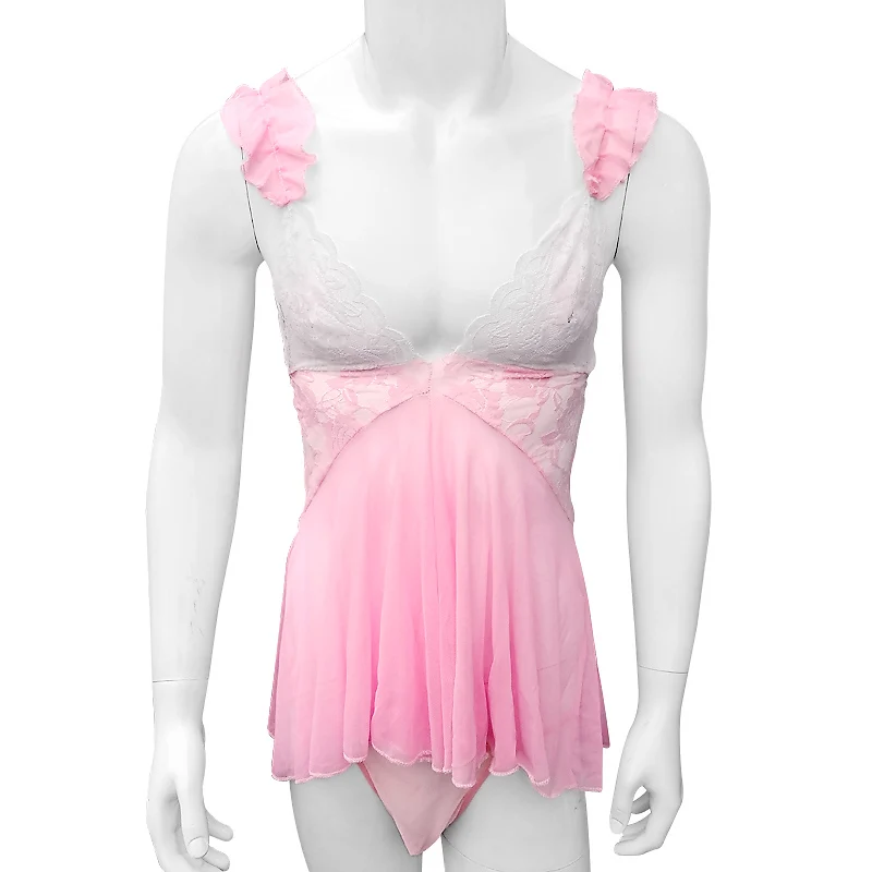 

Deep V sissy Dress Set With Thongs Underwear Nightwear Sleepwear Mens Lace See Through Dress Skirts Ruffles Sexy Lingerie