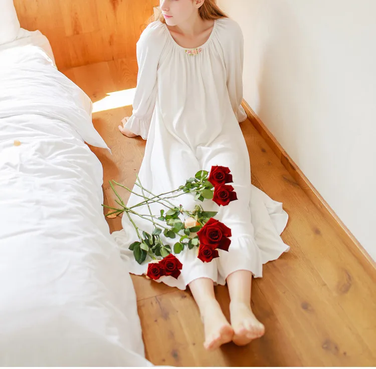 Женская ночная рубашка из 100% хлопка с длинным рукавом одежда для сна белая