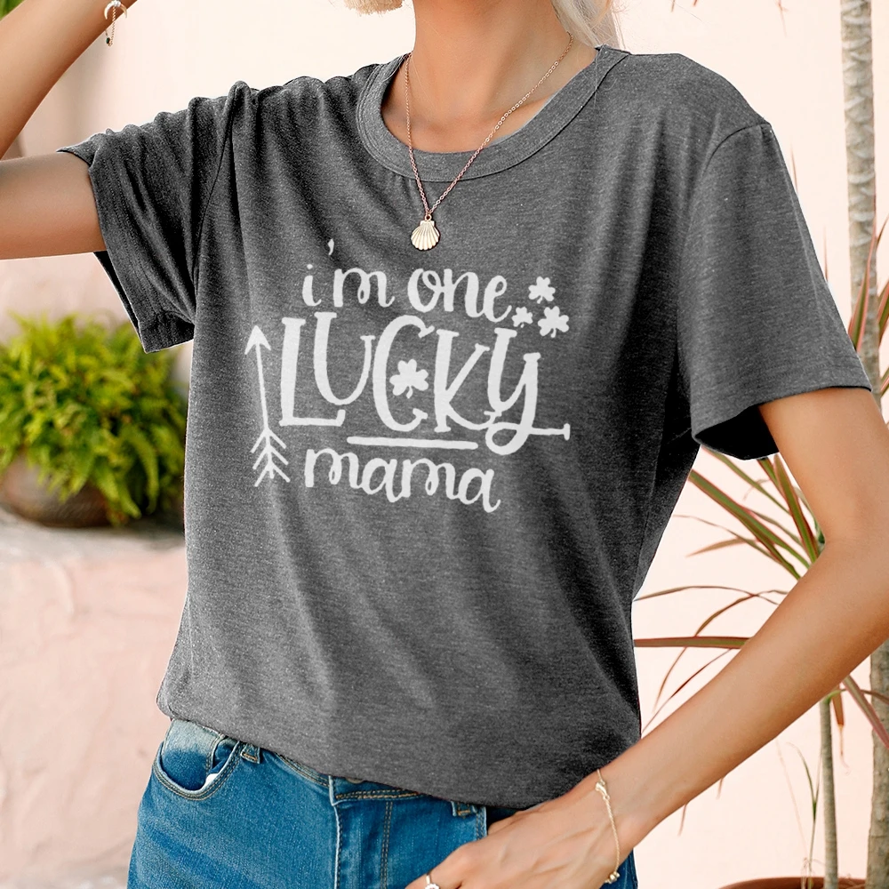 

Women Clothing Regular I‘m One Lucky Mama Letter Print Ventilate Korean Ladies Summer Style Short Sleeve Creative Novel T-Shirt
