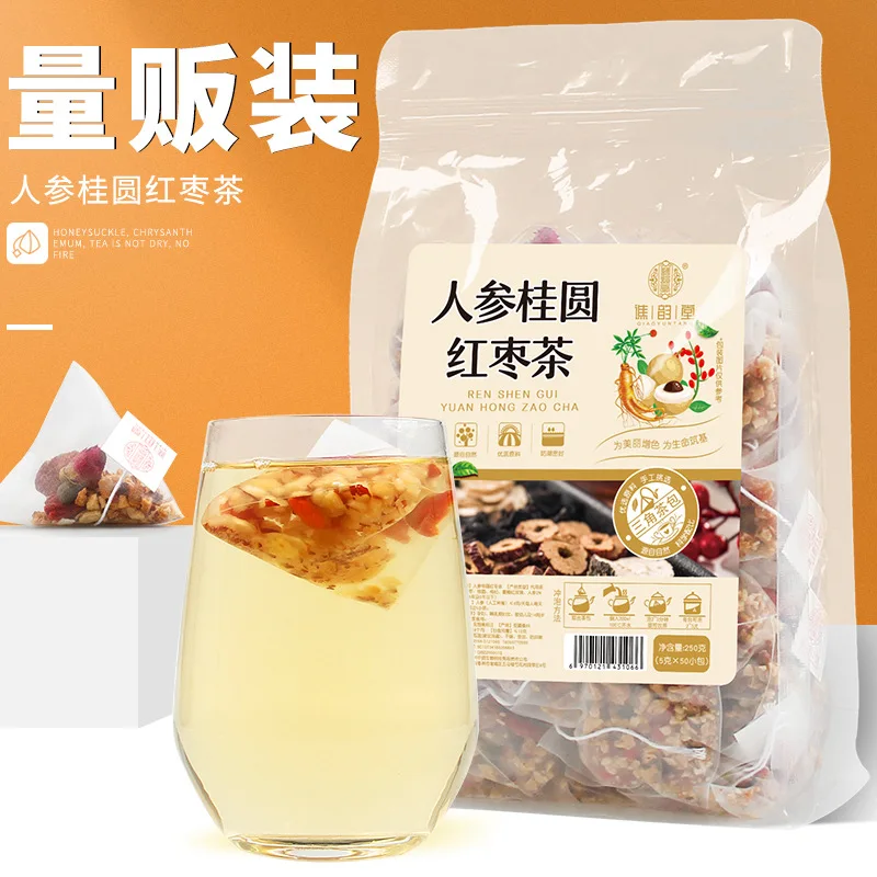 

Женьшень, Лонган и красный чай с датой 250 г/50 пакетов, треугольная упаковка, чай из волчьей ягоды Wubao, чай для здорового похудения, антивозраст...