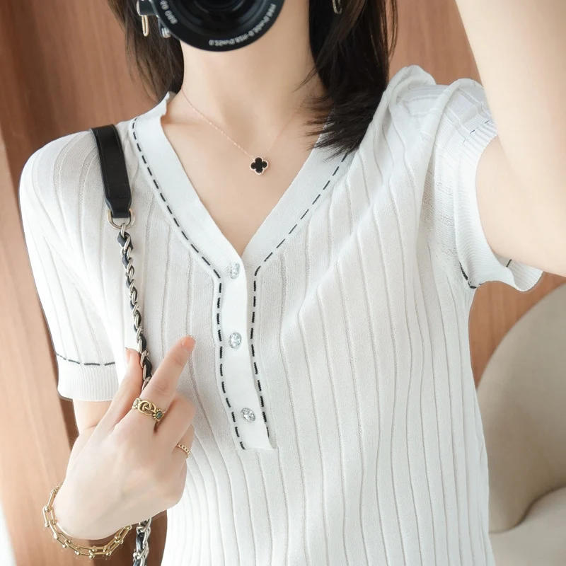 

2021 summer pure cotton knitted short-sleeved women's new cotton linen V-neck T-shirt loose buttoned pullover half-sleeved top
