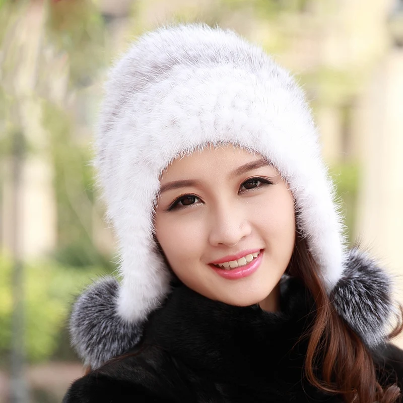 Real Mink Fur Hat For Women Winter Warm Christmas Earmuffs Cap With Fox Fur Pom Pom