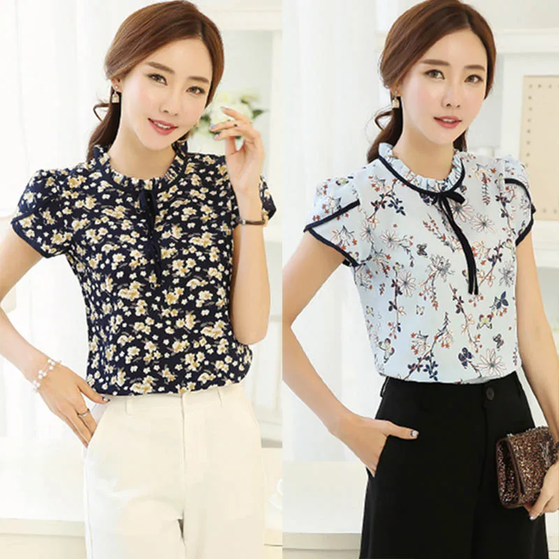 

Women Floral Print Blouse Short Sleeve Loose Chiffon Shirt for Daily Office A66